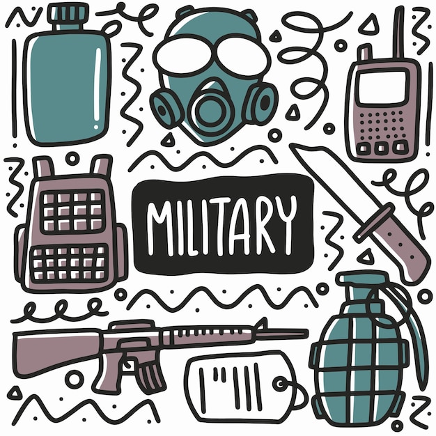 Doodle di attrezzature militari disegnate a mano con icone ed elementi di design