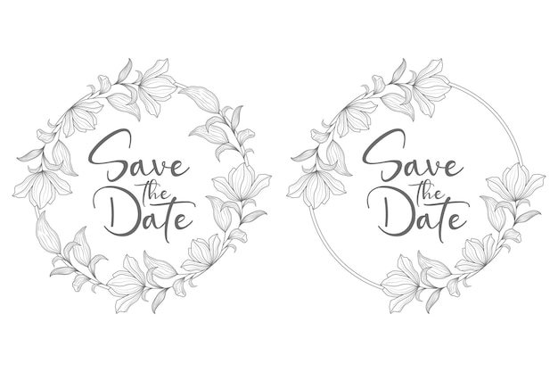 Hand drawn minimal floral wedding wreath and wedding badge frame