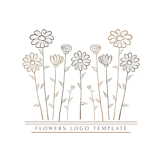 Hand drawn minimal logo of blooming flowers and leaves in line art Bohemian floral vector illustration Decorative botanique monogram composition for greeting card wedding invitation