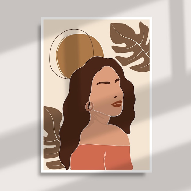 Donna ritratto minimale disegnato a mano con decorazione poster boho foglie