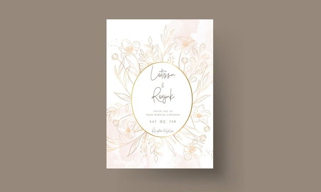 Hand drawn minimal wedding invitation template with elegant gold floral