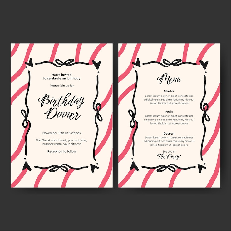 Vector hand drawn minimalist invitation dinner menu template design for valentine birthday or wedding