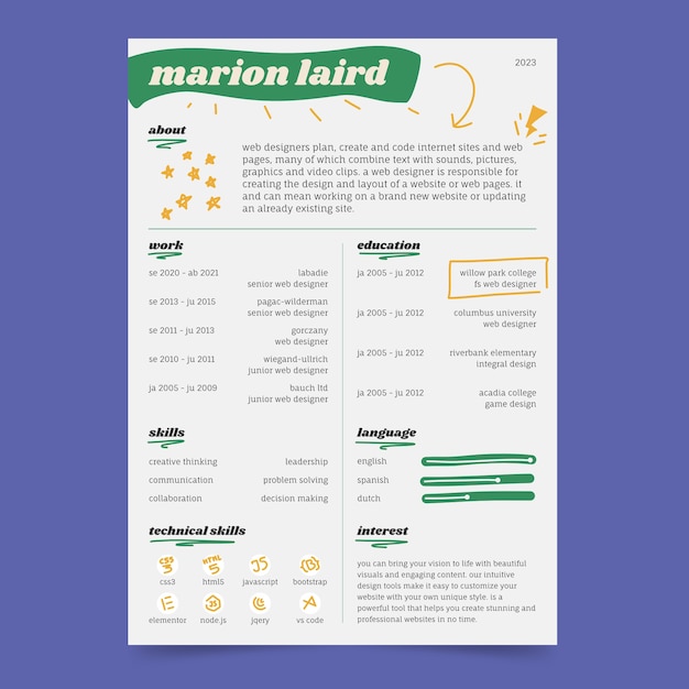 Hand drawn minimalist retro cv template