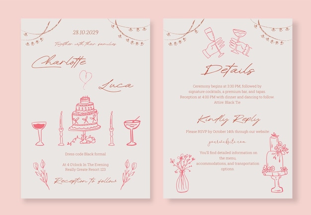 Hand Drawn Minimalist amp Whimsical Wedding Invitation Template