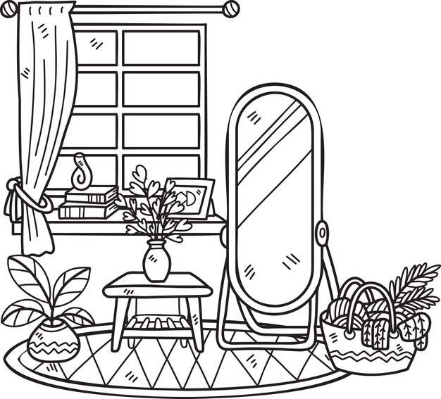 Vector hand drawn mirror with shelves and windows interior room illustration