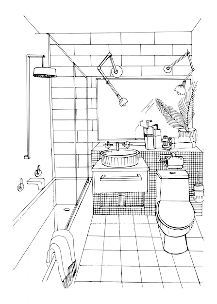 Hand drawn modern bathroom interior design. sketch illustration.