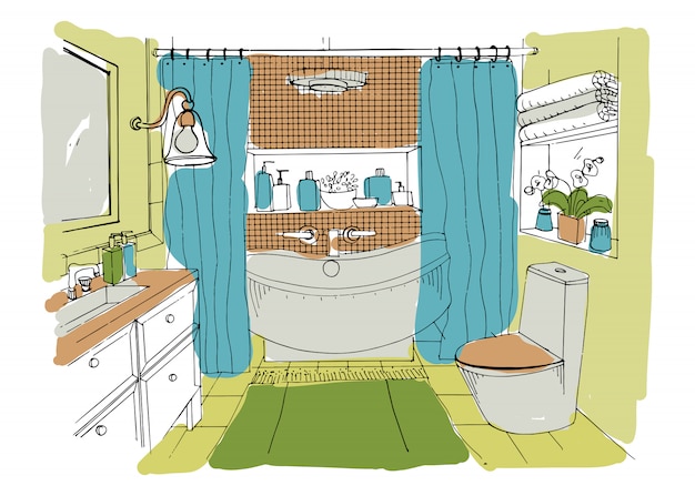 Vector hand drawn modern bathroom interior design.