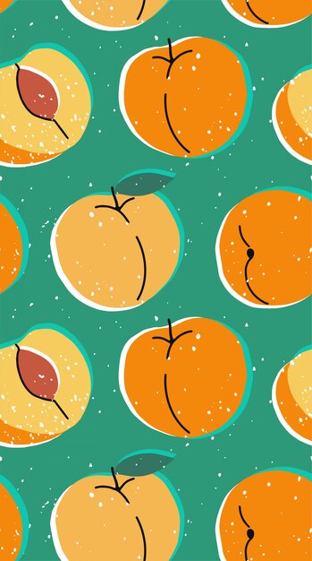 Hand drawn modern illustration with peach. vintage trendy  seamless pattern with apricot in vibrant colors. retro, pin-up repeating texture.