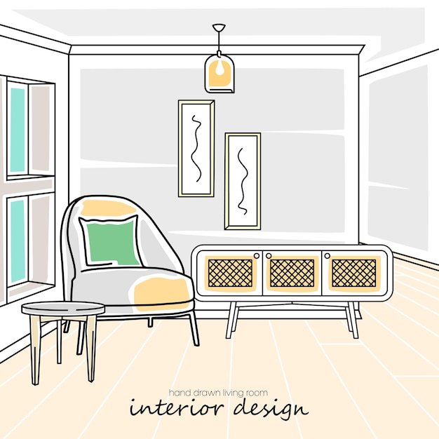 Vector hand drawn modern living room