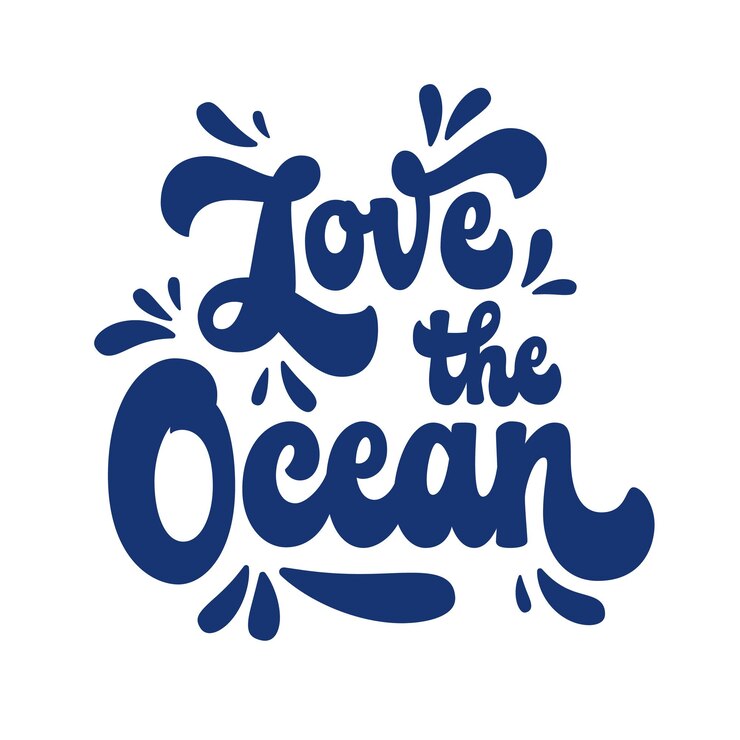 Vector hand drawn modern trendy 70s groovy script lettering illustration love the ocean ecology summer vacations sea beach themed isolated vector typography for web fashion print purposes