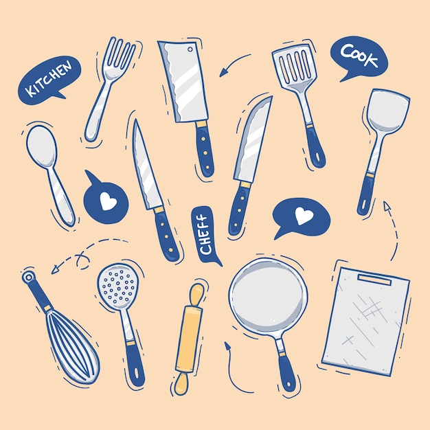 Hand drawn modern various cooking utensil kitchen tools vector set