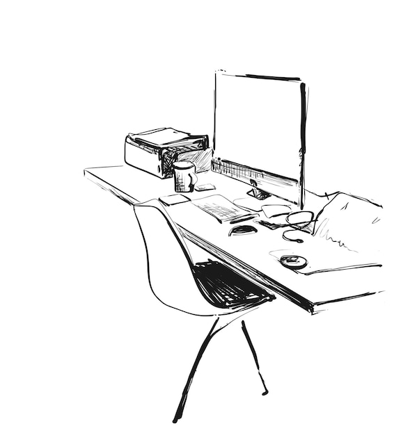 Vector hand drawn modern workplace chair and computer sketch