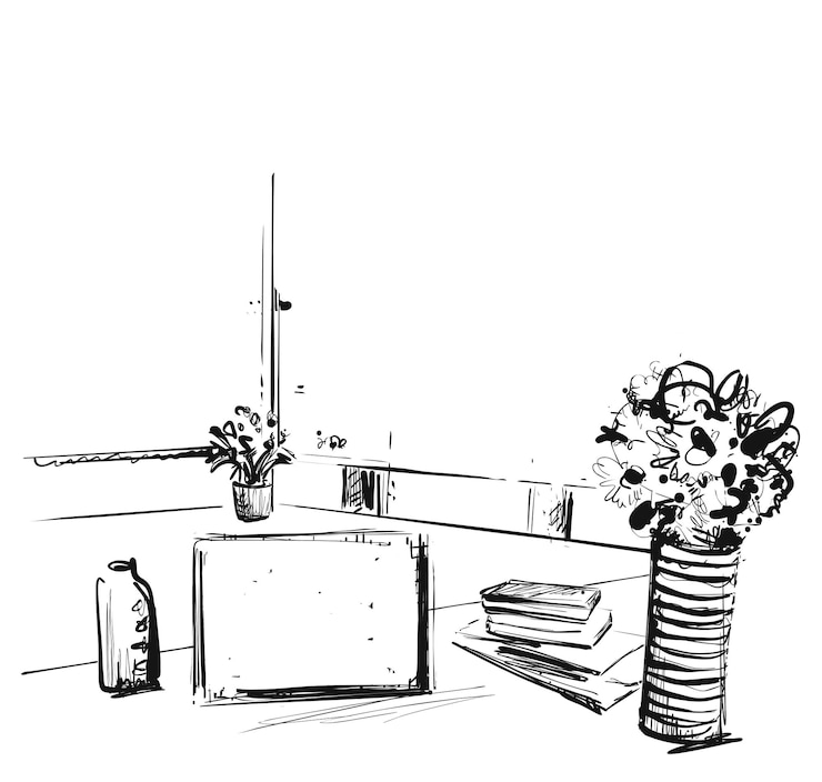 Vector hand drawn modern workplace chair and computer sketch