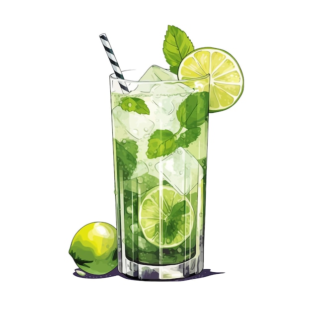 Il cocktail mojito disegnato a mano è un cartone animato a vettori illustrato con uno sfondo bianco