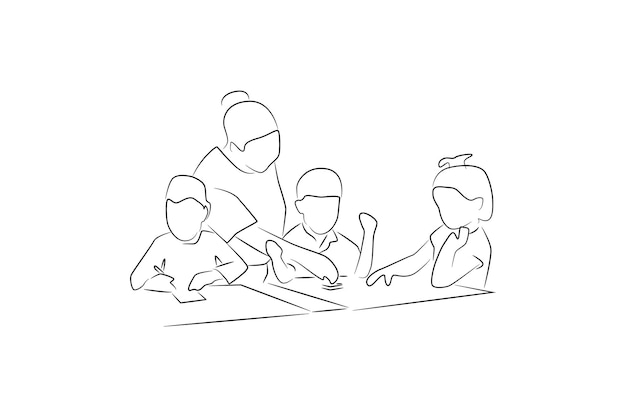 Hand drawn mom playing with children oneline continuous single line art