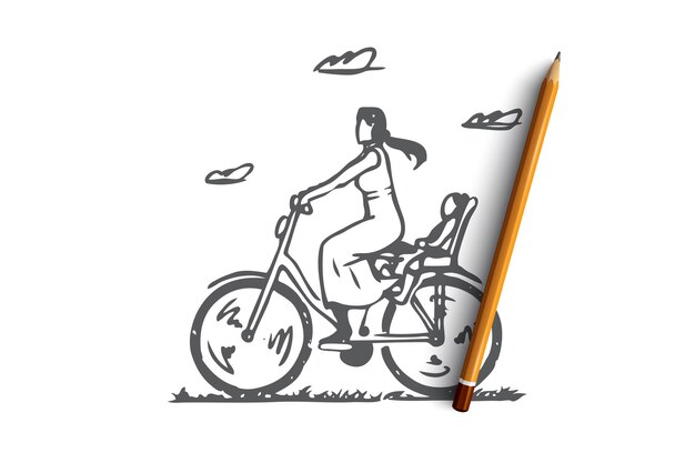 Hand drawn mom with child ride on bike concept sketch