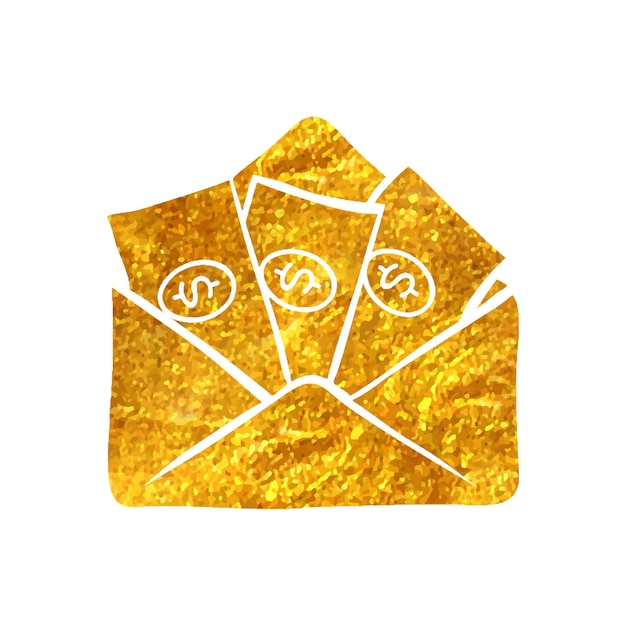 Hand drawn money envelope icon in gold foil texture vector illustration