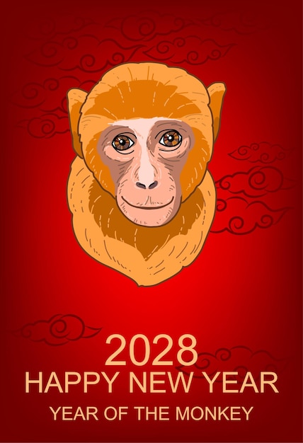 Hand-drawn monkey, zodiac sign, Chinese horoscope. The symbol of new year 2028. Eastern banner