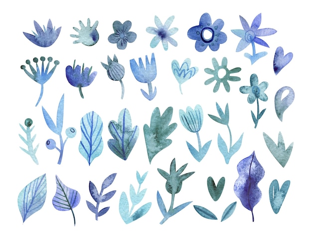 Hand drawn monochromatic flower collection in blue colors