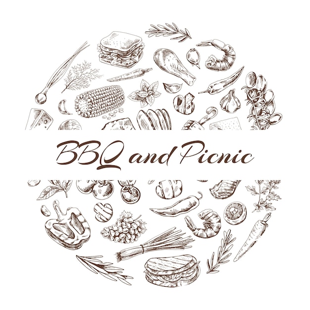 Вектор Ручно нарисованные монохромные иконы барбекю и пикника для дизайна меню ресторанов и кафе