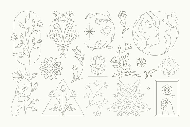 Hand drawn monochrome esoteric line art botanical emblem set woman beauty wellness spa salon