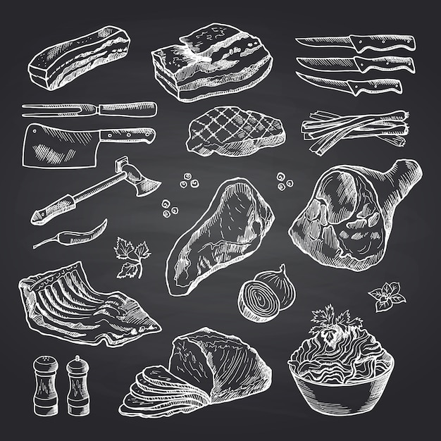 Pezzi di carne monocromatica disegnati a mano sulla lavagna nera. carne e cibo, schizzo di manzo e illustrazione di maiale