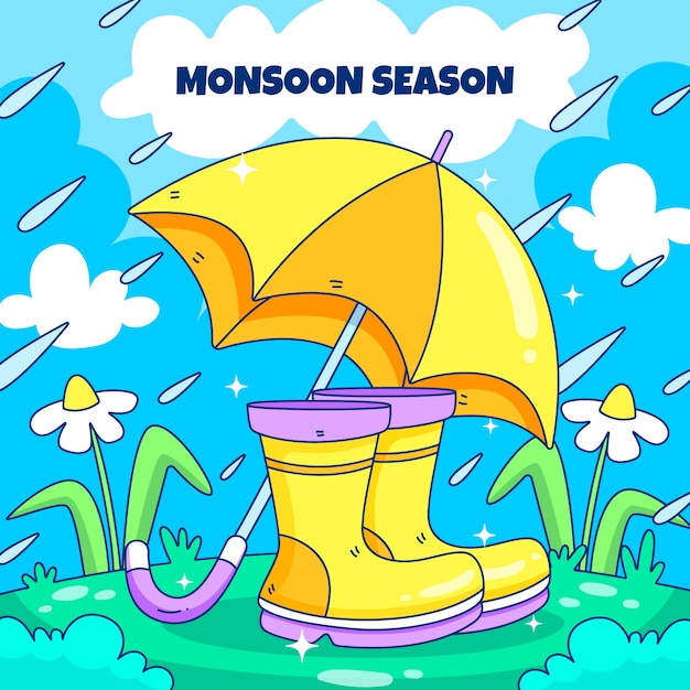 Hand drawn monsoon season illustration with umbrella and rain boots