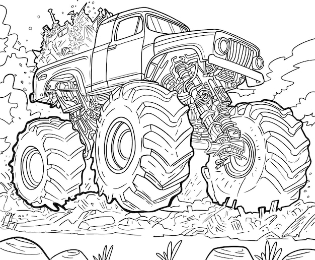 Pagina da colorare di monster truck disegnata a mano per bambini un monster truck con un grande pneumatico sopra