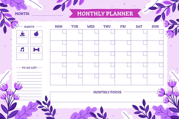 Vector hand drawn monthly planner calendar