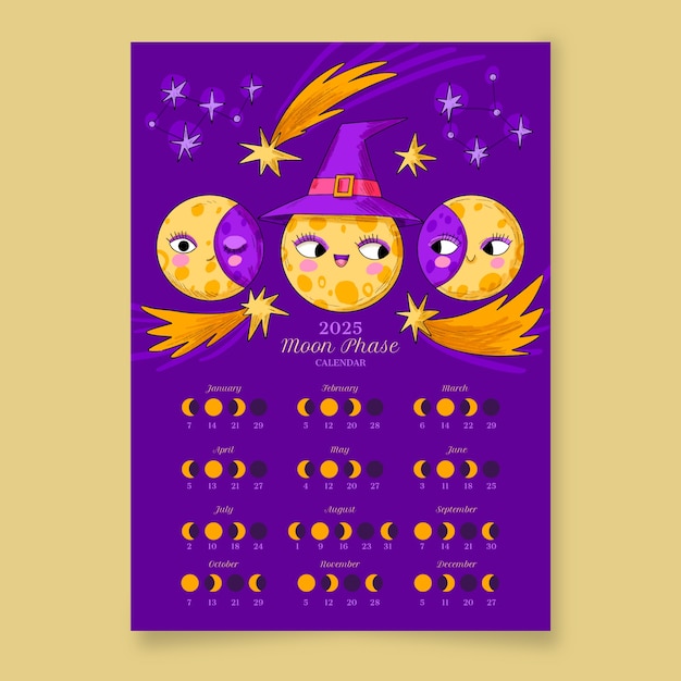 Hand drawn moon phase annual planner template