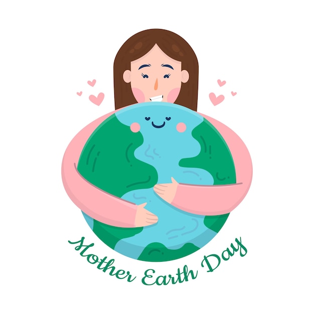 Hand drawn mother earth with woman hugging the planet