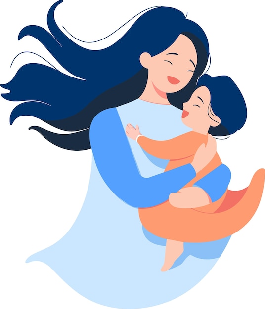 Vector hand drawn mother hugging her child happily in flat style isolated on background