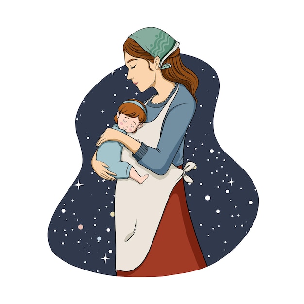 Hand drawn mother hugging her daughter illustration