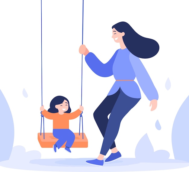 Hand Drawn mother playing on swings with child in flat style isolated on background