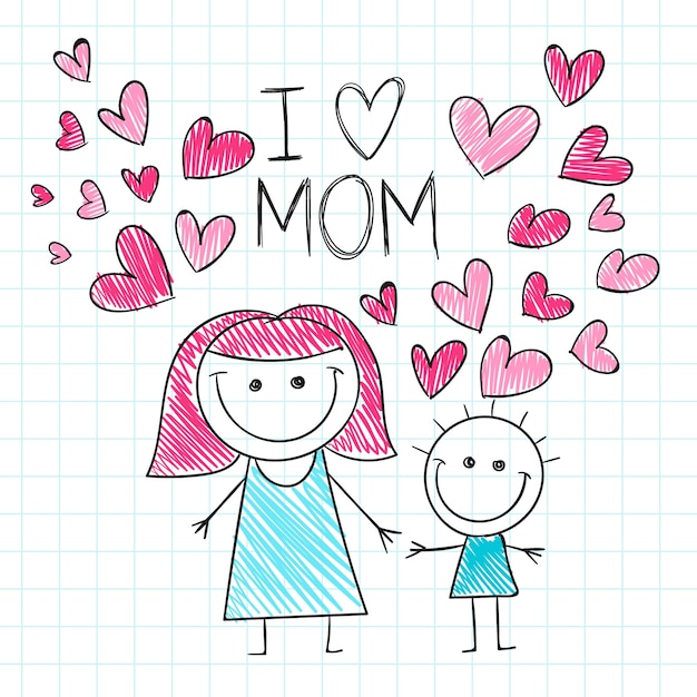 Hand drawn mothers day children drawings illustration