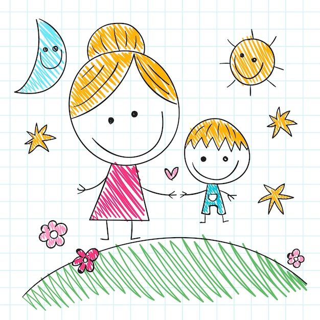 Vettore illustrazione disegnata a mano dei disegni dei bambini di festa della mamma