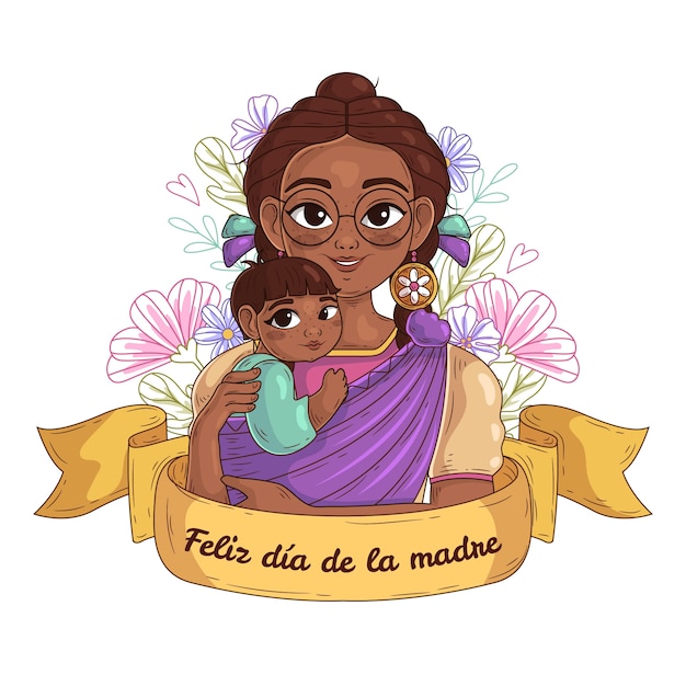 Hand drawn mothers day illustration in spanish with indian mother and child