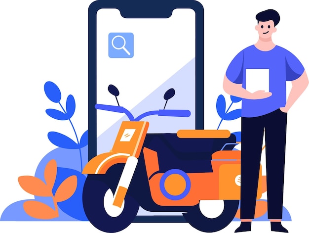 Vector hand drawn motorcycle mechanic character with smartphone in the concept of online repair technician in flat style isolated on background