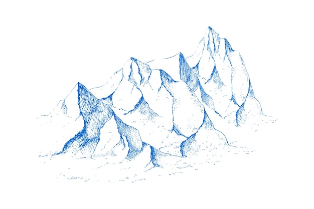 벡터 손으로 그린 산 풍경xapeaks 바위와 언덕 눈 스키장