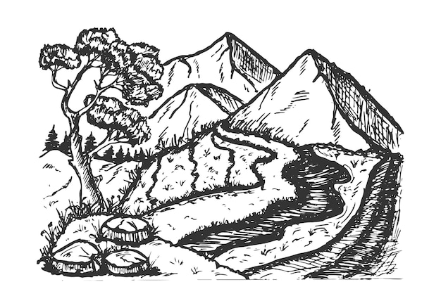 Vector hand drawn mountain nature landscape pen sketch vector illistration