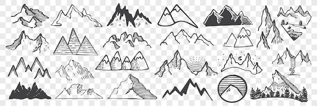 손으로 그린 산 봉우리 낙서 세트. 연필 분필 드로잉의 컬렉션은 투명 한 배경에 다른 형태의 모양 언덕 또는 바위 꼭대기를 스케치합니다. 하이랜드 개체 그림.