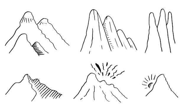 Hand drawn mountain peaks set collection hill doodle