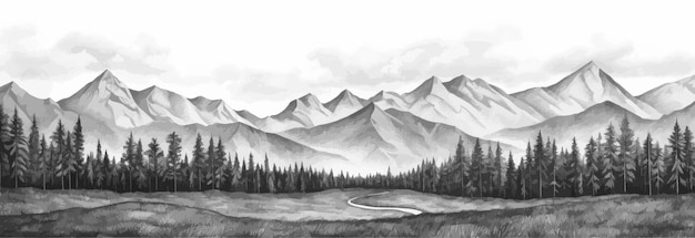 Hand drawn mountain range landscape Panorama with rocky mountains skyline Vector illustration