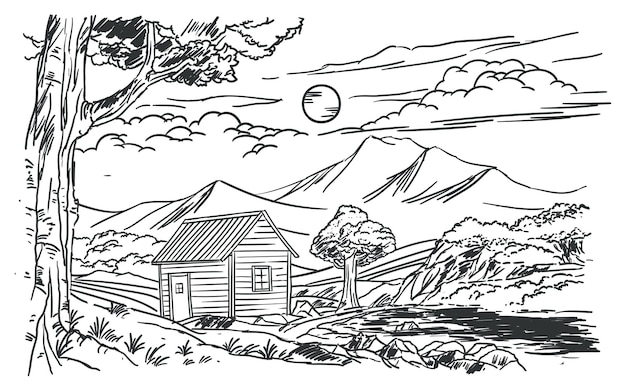 田舎のスケッチアート風景の手描きの山川