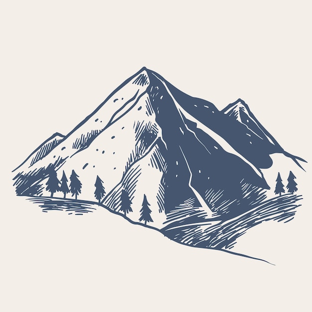 Hand drawn of Mountain with pine trees and black landscape on white background Hand drawn rocky peak in sketch style