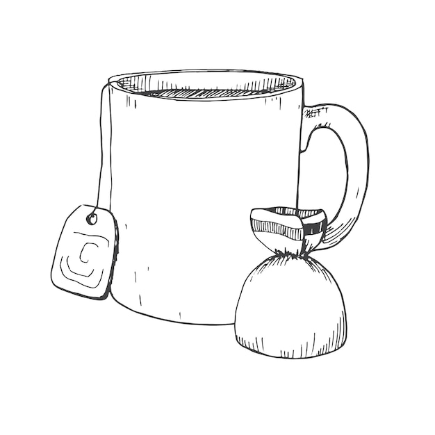 Hand drawn mug and candy Vector illustration in sketch style