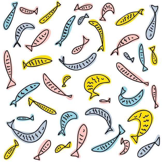 Hand drawn multicolored fishes set Perfect for Tshirt textile and print Doodle vector illustration for decor and design