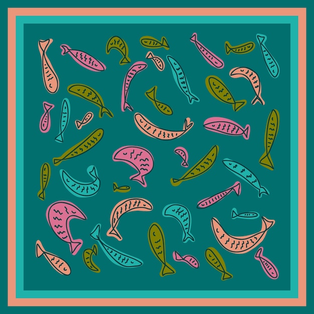 Hand drawn multicolored pattern with fishes Perfect for stole shawl poster and print Doodle vector illustration for decor and design