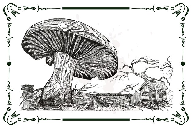 Illustrazione di funghi disegnati a mano in bianco e nero sottile stile di ombreggiatura