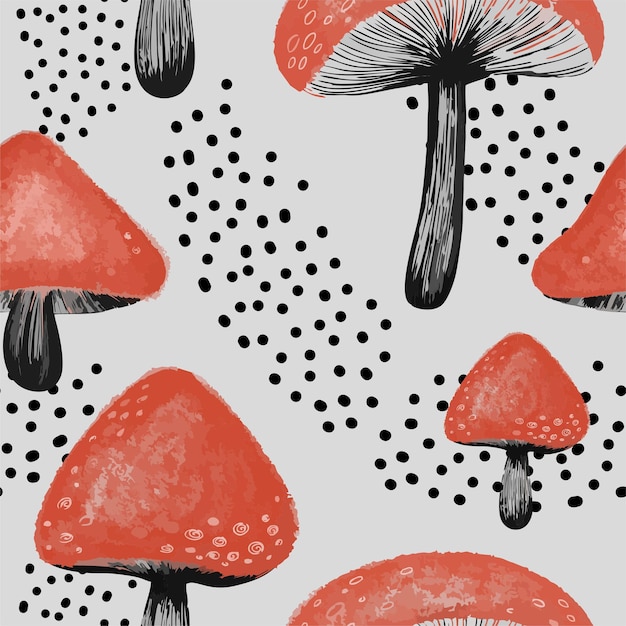 Hand drawn mushroom seamless pattern.